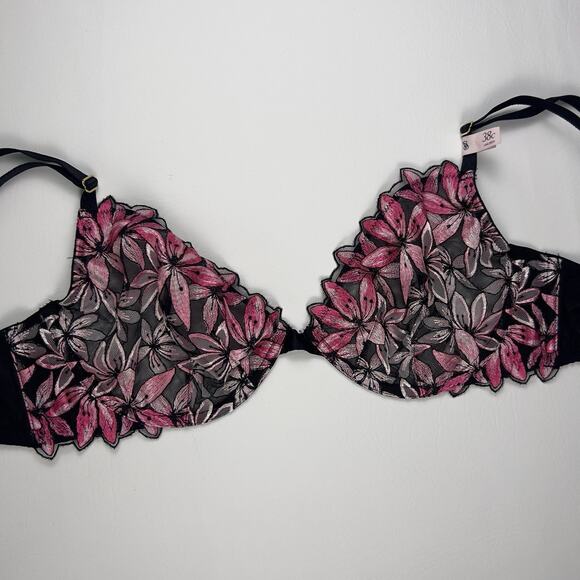 Victoria's Secret Very Sexy Low Cut Demi Black Pink Unlined Appliqué Bra 38C - Picture 2 of 7
